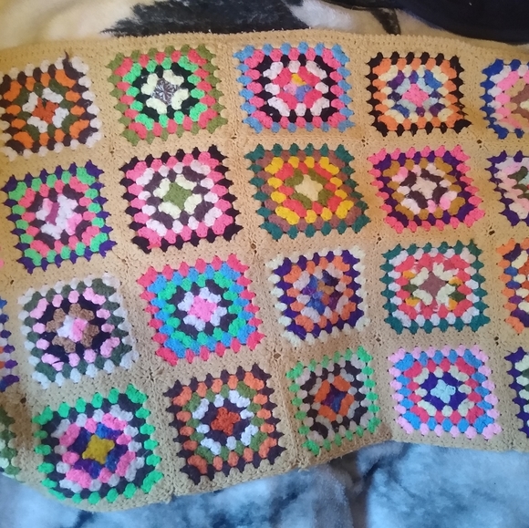 Vintage Handmade Crochet Granny Square Blanket Rainbow Colorful Art - Picture 2 of 6
